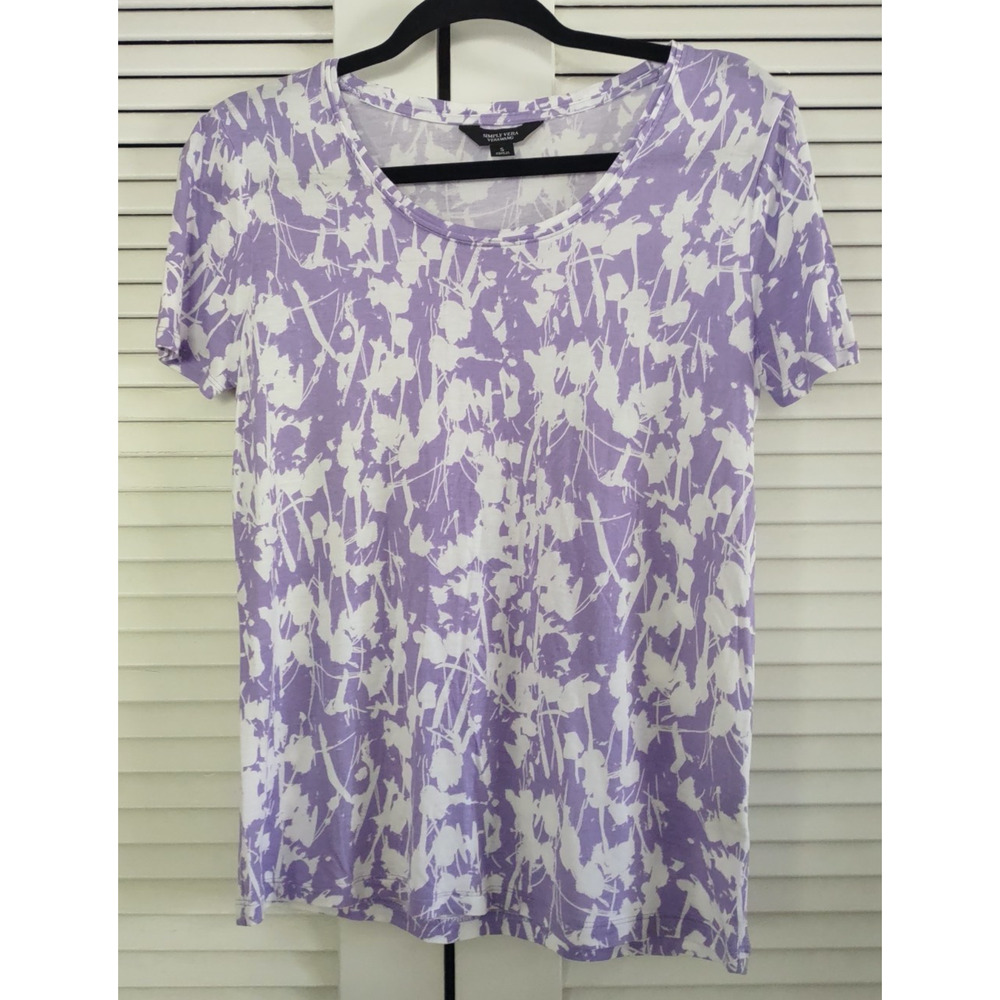 Simply Vera Vera Wang Top Women's S Purple White Print SS Comfy Soft Lightweight